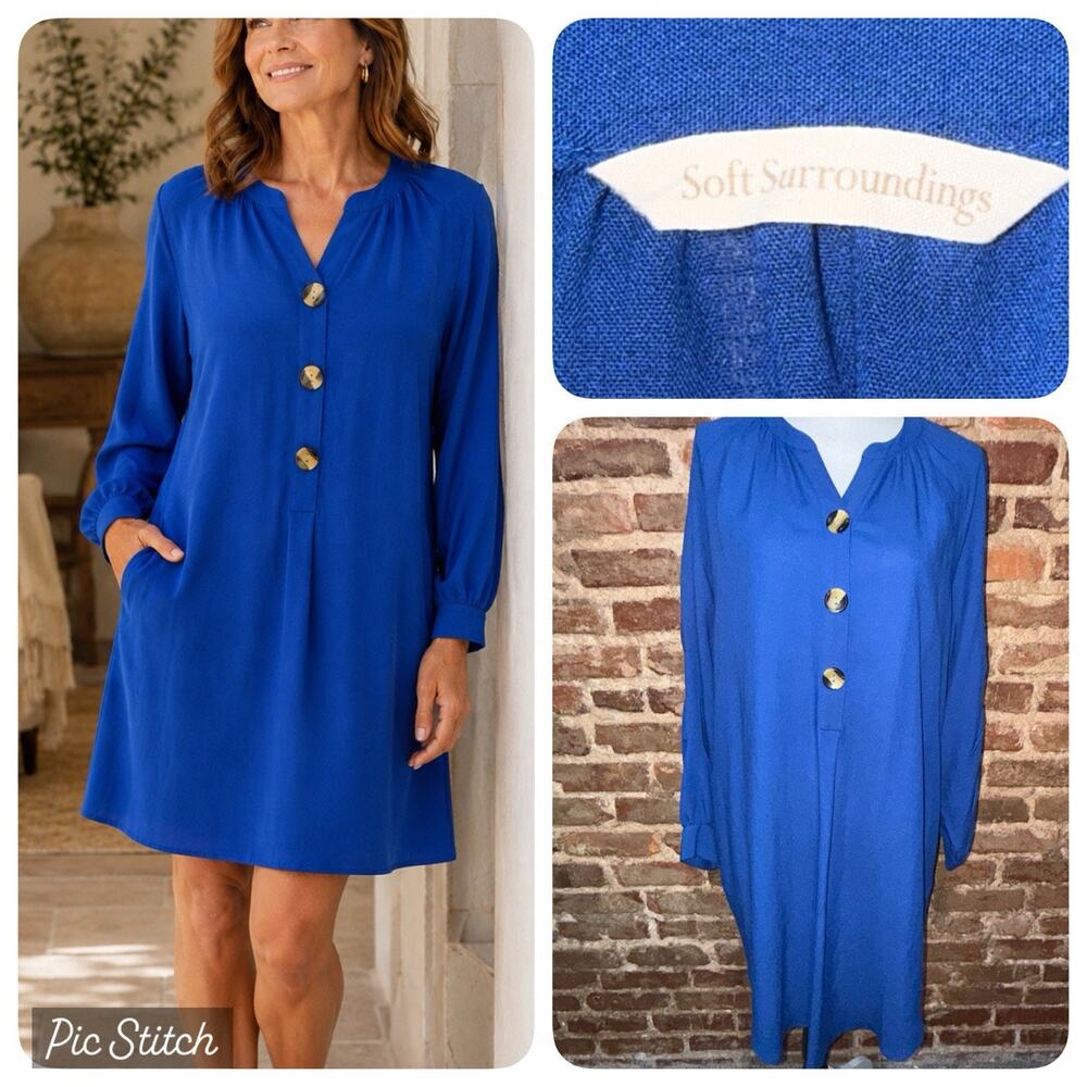 Soft Surroundings Women’s Souk Shirt Dress With Pockets In Ocean Blue Sz L